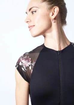 Move Dance Isadora Floral Zip Up Leotard -Dance costume MOL0634 BLK CLOSE UP FRONT 1 00112.1678884215