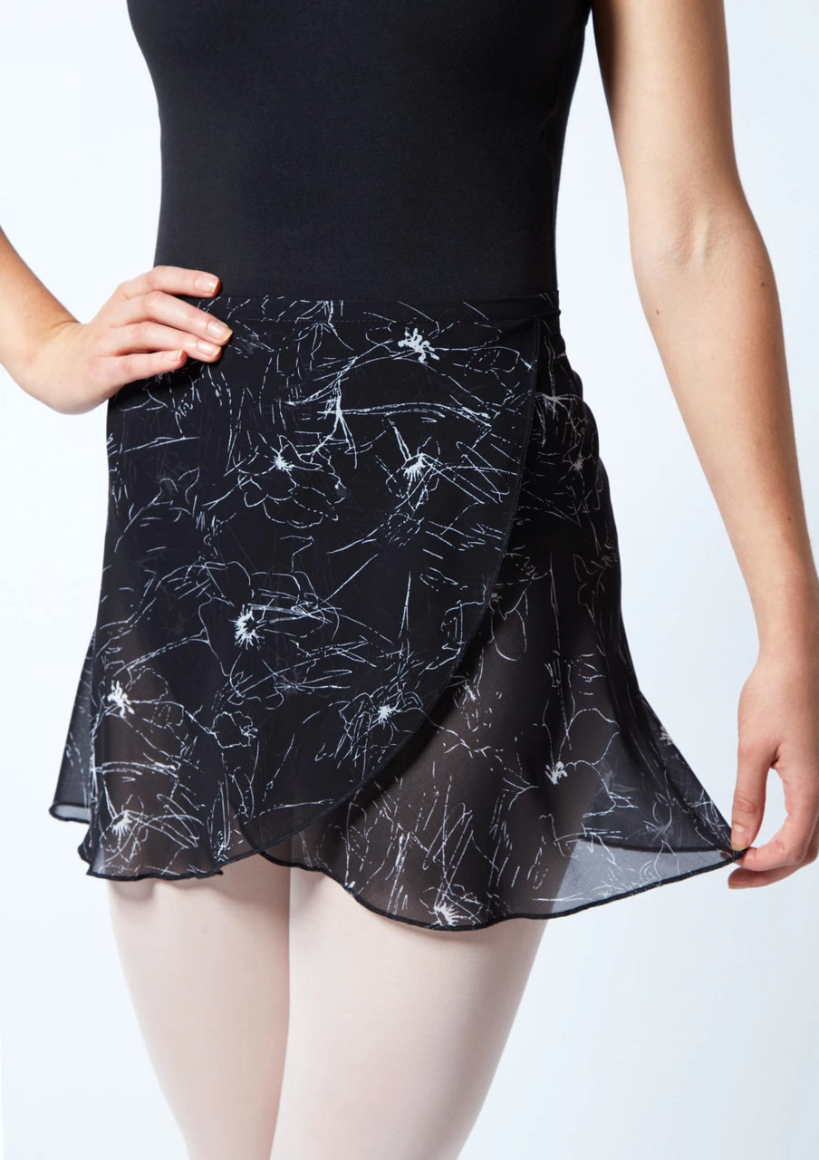 Move Dance Floral Print Wrap Dance Skirt - Black Move Dance Floral Print Wrap Dance Skirt - Black -Dance costume MOR0406 BLK CLOSE UP FRONT 1 36556.1678884695