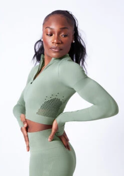 Move Dance Orianna Seamless Zip Crop Top -Dance costume moz0503 sage close up side 81287.1682378357